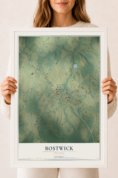 Bostwick, Georgia map print, 18" x 24" W/ White Ayous Wood Frame mockup