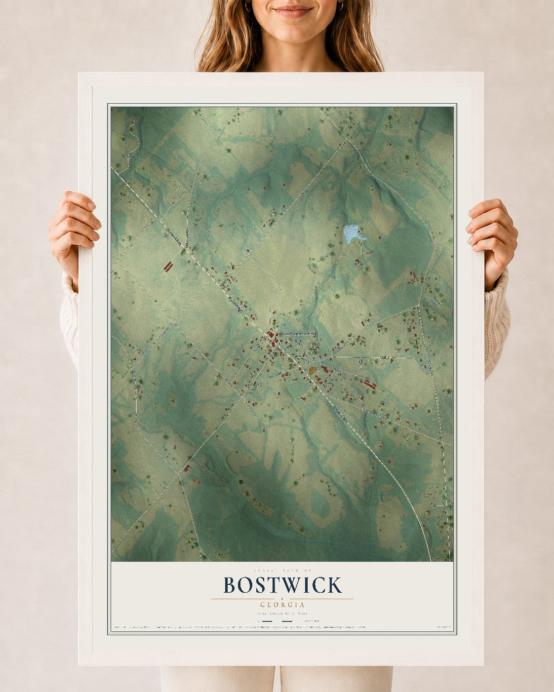Bostwick, Georgia map print, 24" x 36" W/ White Ayous Wood Frame mockup