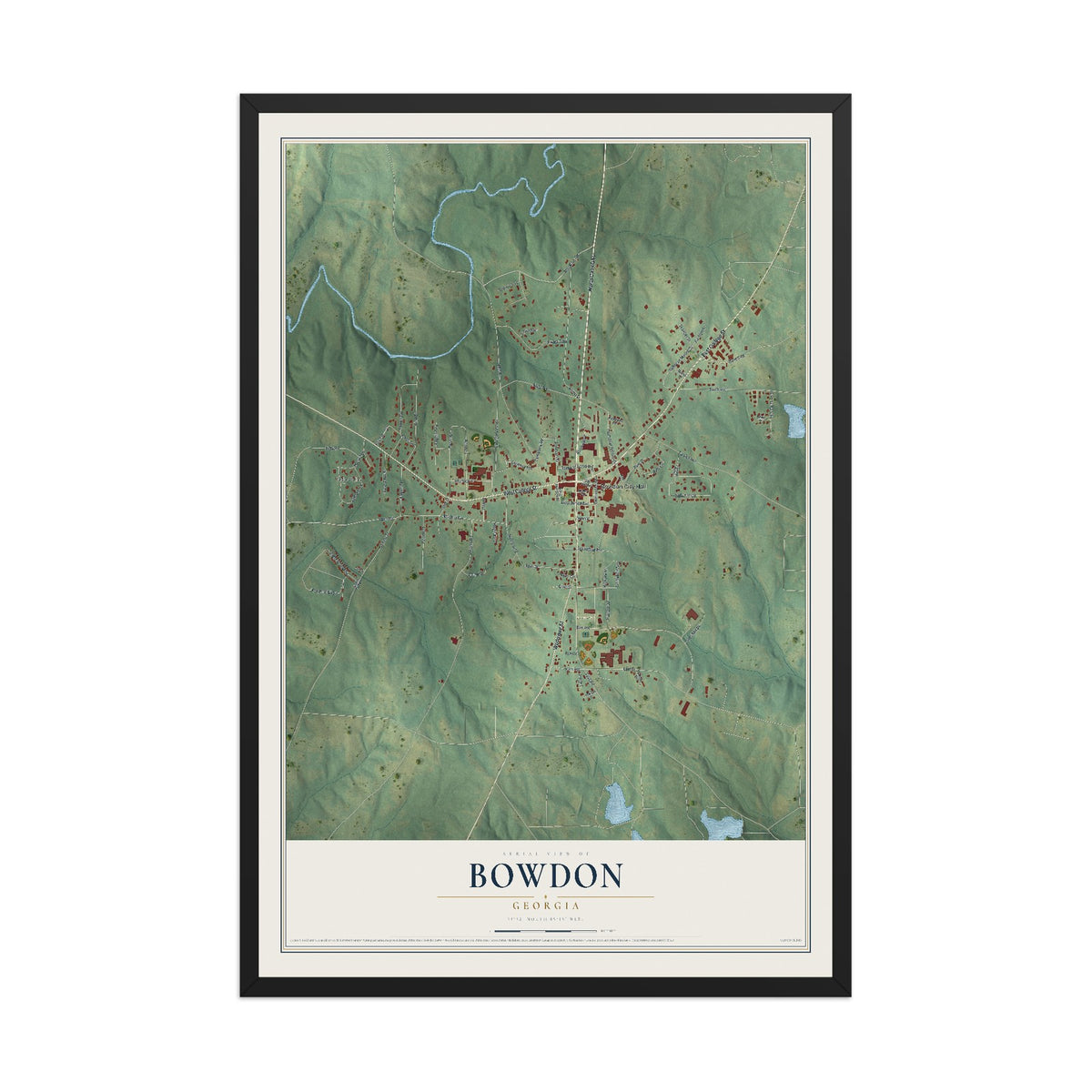 Bowdon, Georgia map print, 12" x 18" W/ Black Ayous Wood Frame mockup