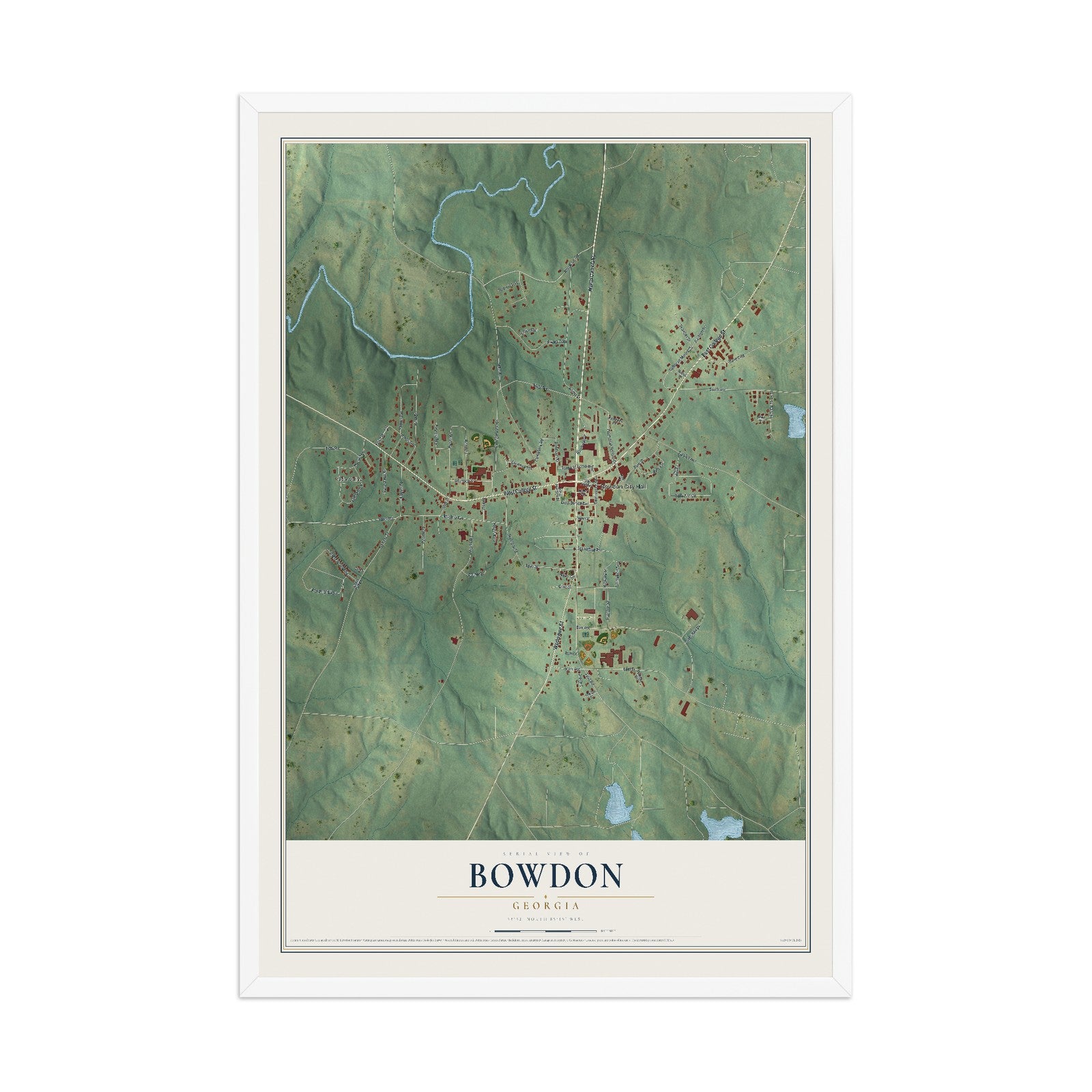 Bowdon, Georgia map print, 12" x 18" W/ White Ayous Wood Frame mockup