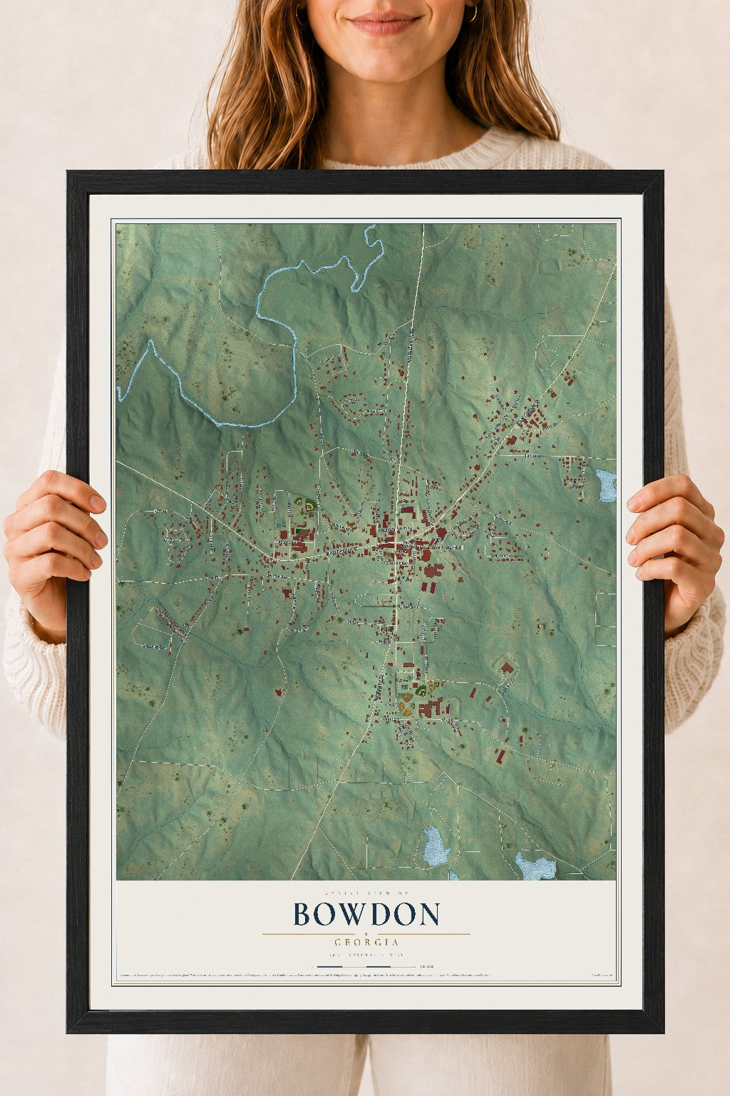 Bowdon, Georgia map print, 18" x 24" W/ Black Ayous Wood Frame mockup