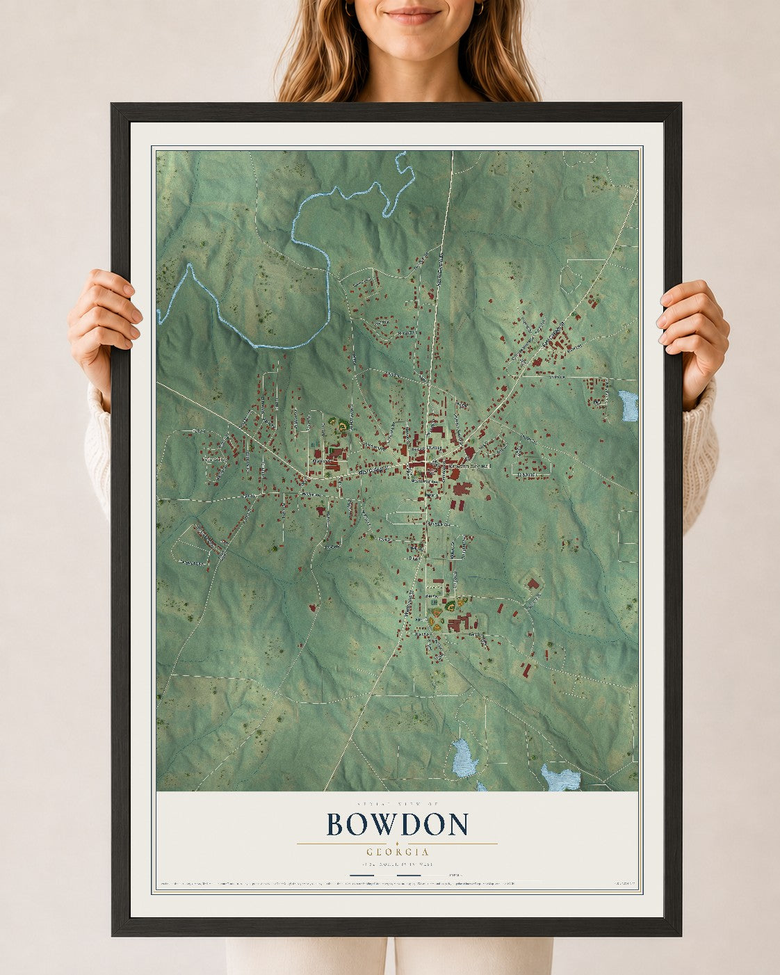 Bowdon, Georgia map print, 24" x 36" W/ Black Ayous Wood Frame mockup