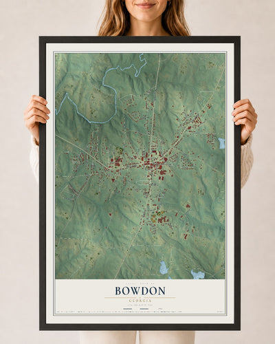 Bowdon, Georgia map print, 24" x 36" W/ Black Ayous Wood Frame mockup