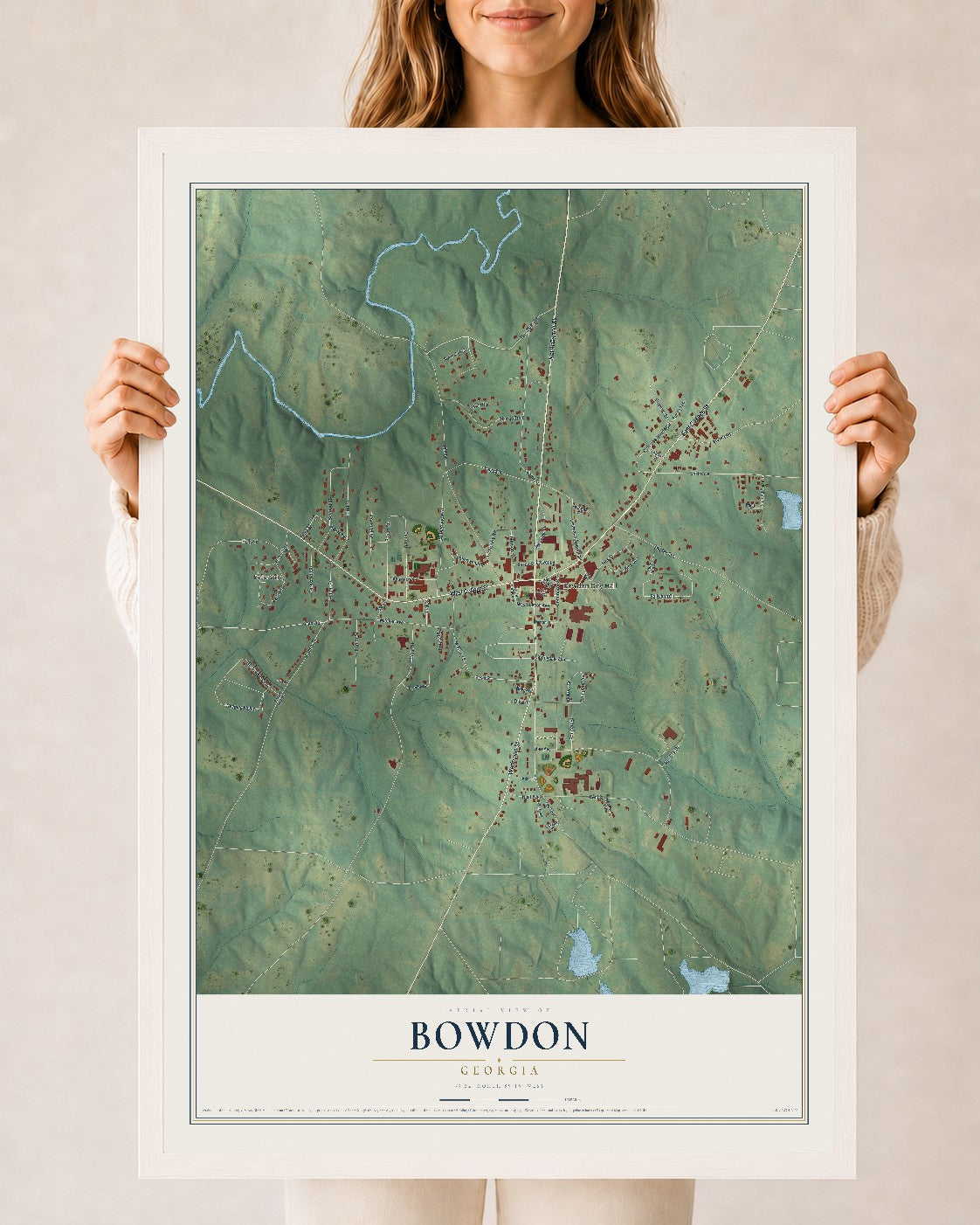 Bowdon, Georgia map print, 24" x 36" W/ White Ayous Wood Frame mockup