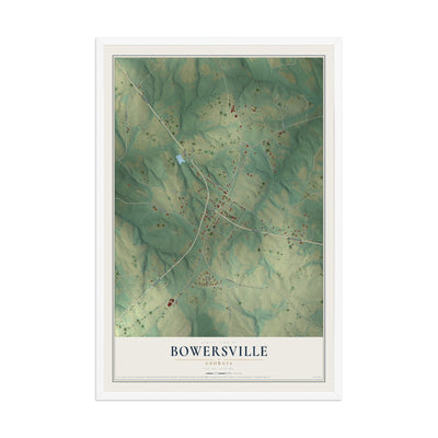 Bowersville, Georgia map print, 12" x 18" W/ White Ayous Wood Frame mockup