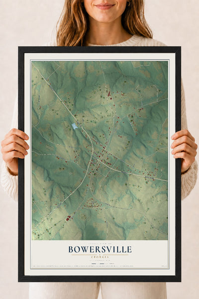 Bowersville, Georgia map print, 18" x 24" W/ Black Ayous Wood Frame mockup