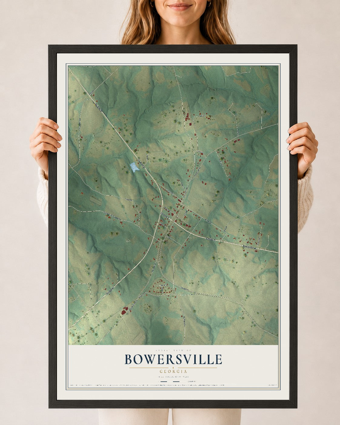 Bowersville, Georgia map print, 24" x 36" W/ Black Ayous Wood Frame mockup