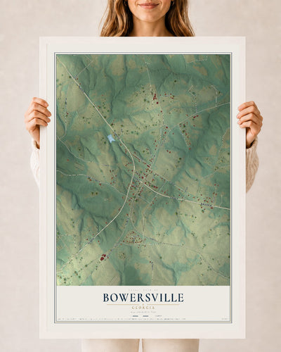 Bowersville, Georgia map print, 24" x 36" W/ White Ayous Wood Frame mockup