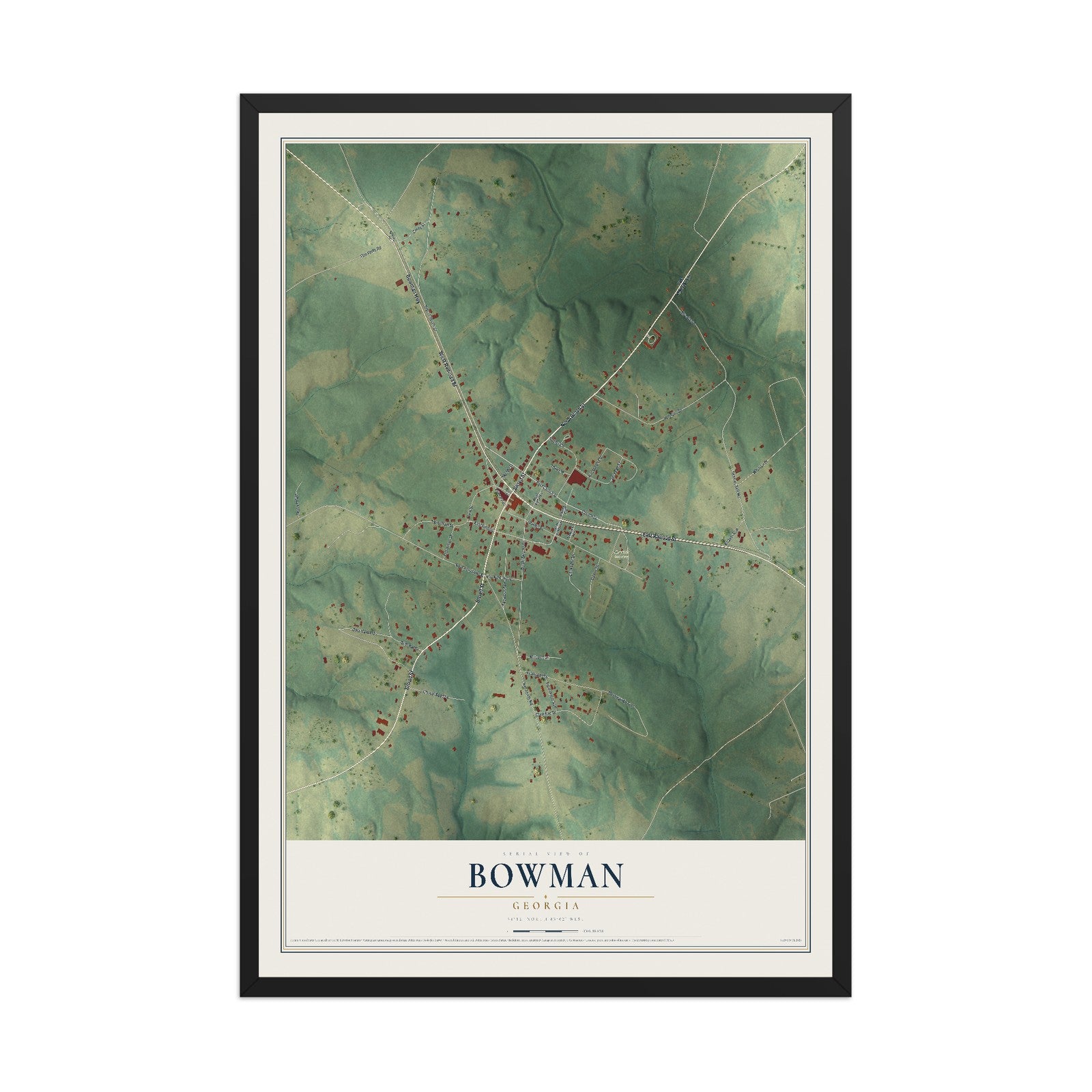 Bowman, Georgia map print, 12" x 18" W/ Black Ayous Wood Frame mockup