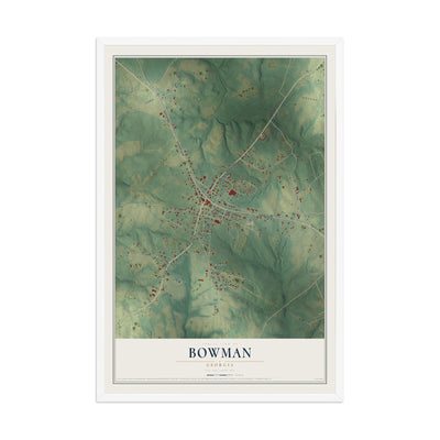 Bowman, Georgia map print, 12" x 18" W/ White Ayous Wood Frame mockup