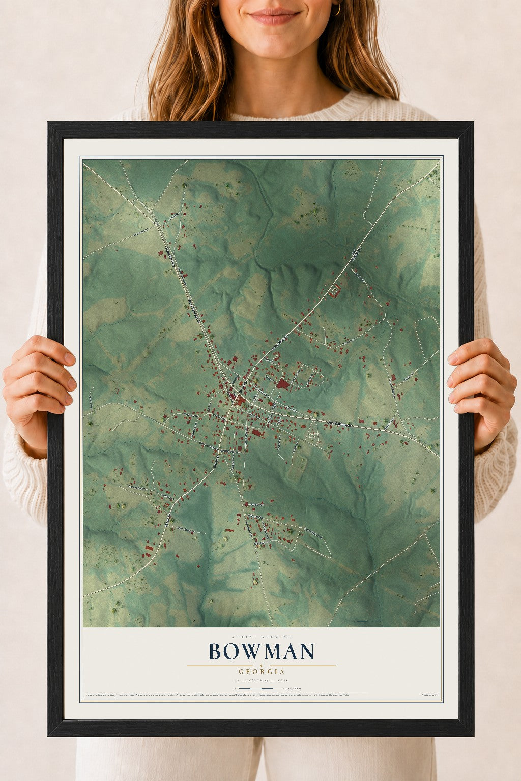 Bowman, Georgia map print, 18" x 24" W/ Black Ayous Wood Frame mockup