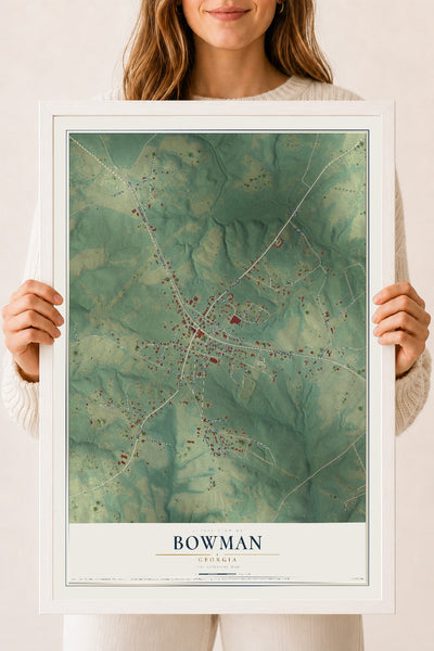 Bowman, Georgia map print, 18" x 24" W/ White Ayous Wood Frame mockup