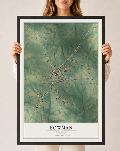 Bowman, Georgia map print, 24" x 36" W/ Black Ayous Wood Frame mockup