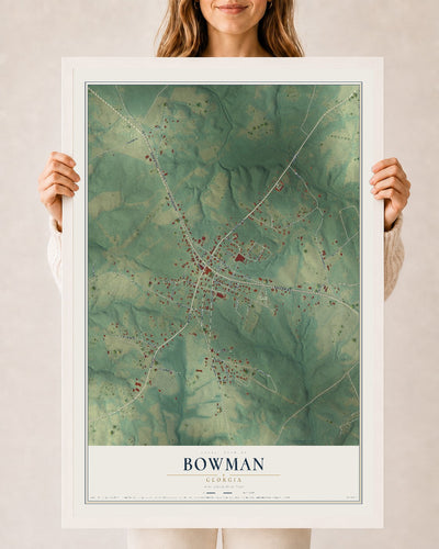 Bowman, Georgia map print, 24" x 36" W/ White Ayous Wood Frame mockup