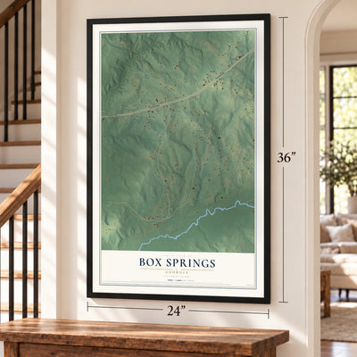 Box Springs, Georgia map, 24 x 36 inch print in a black frame by a staircase