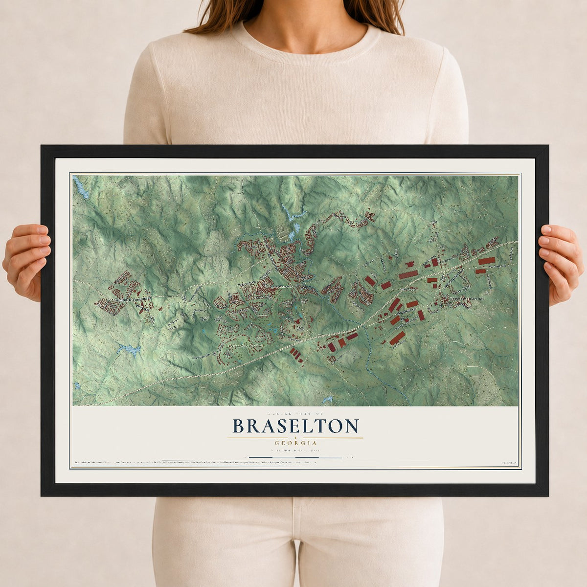 Braselton, Georgia map print, 12" x 18" W/ Black Ayous Wood Frame mockup