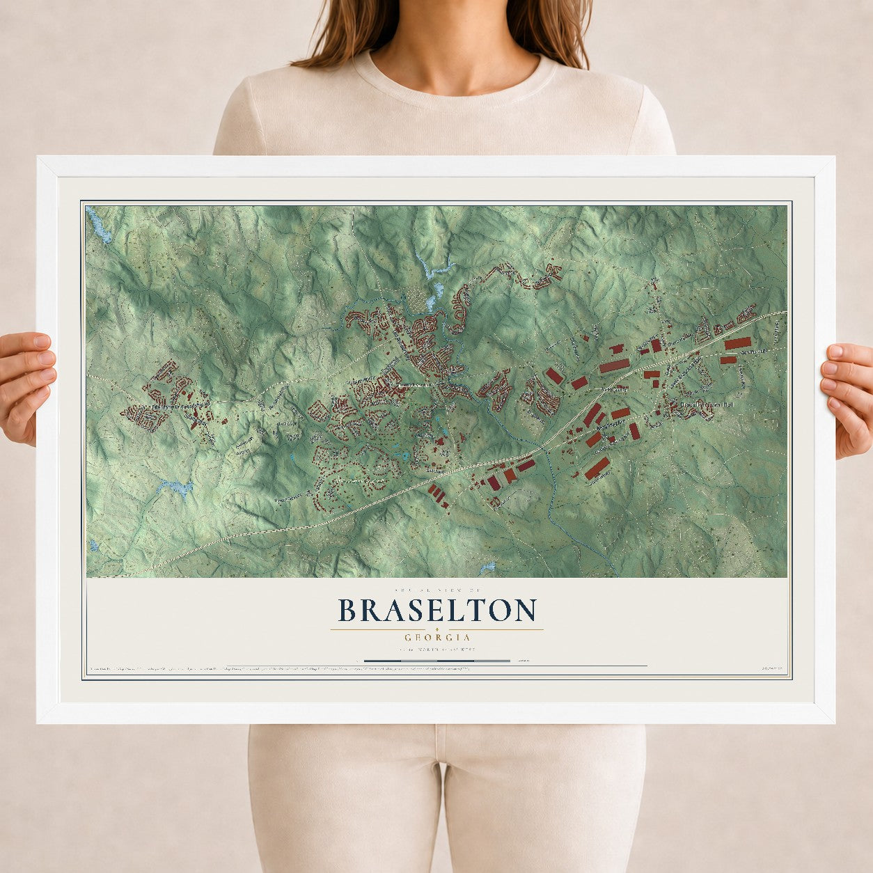 Braselton, Georgia map print, 18" x 24" W/ White Ayous Wood Frame mockup