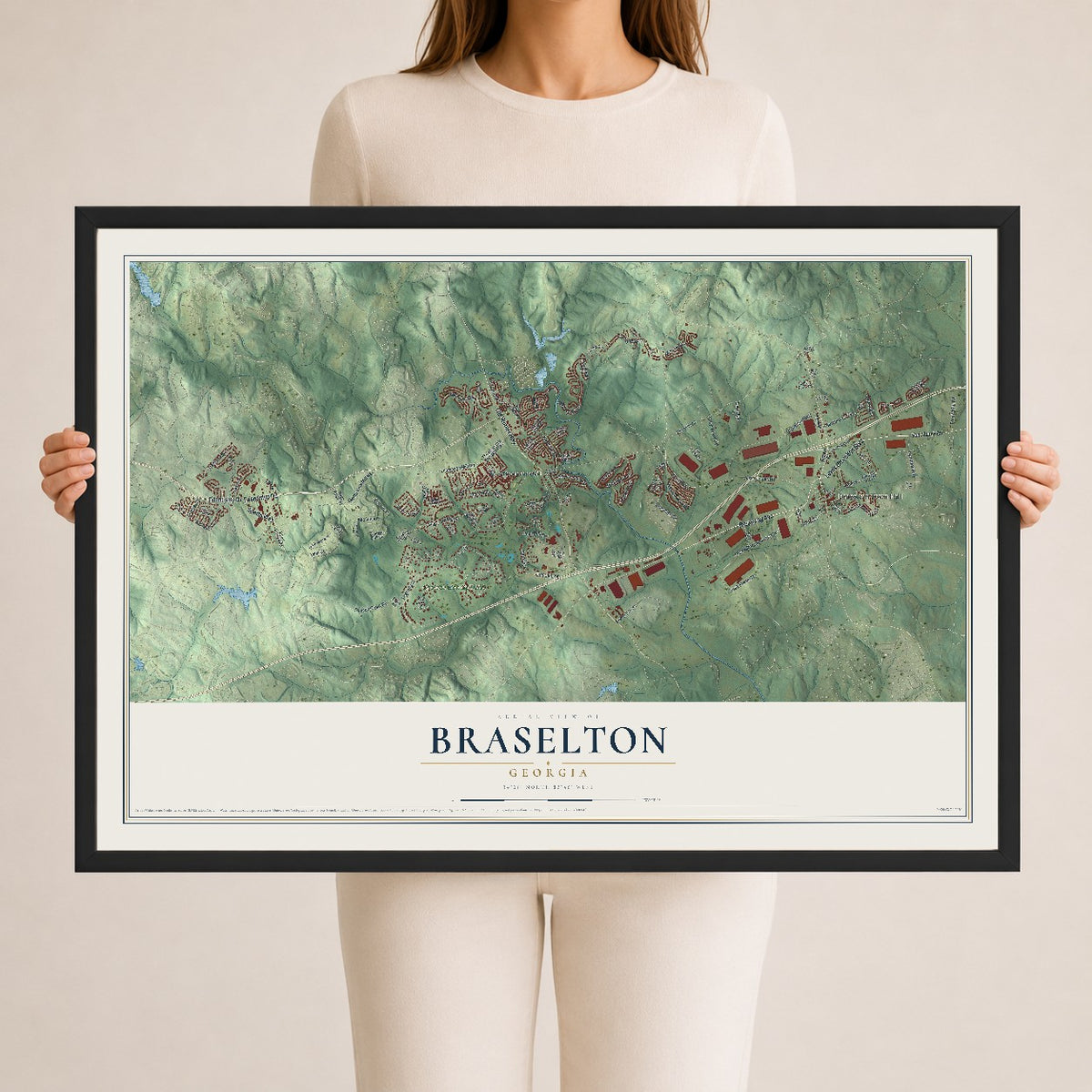 Braselton, Georgia map print, 24" x 36" W/ Black Ayous Wood Frame mockup