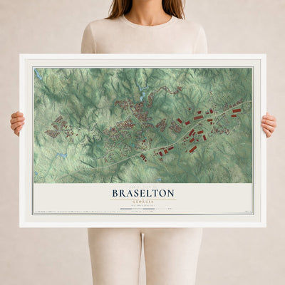 Braselton, Georgia map print, 24" x 36" W/ White Ayous Wood Frame mockup