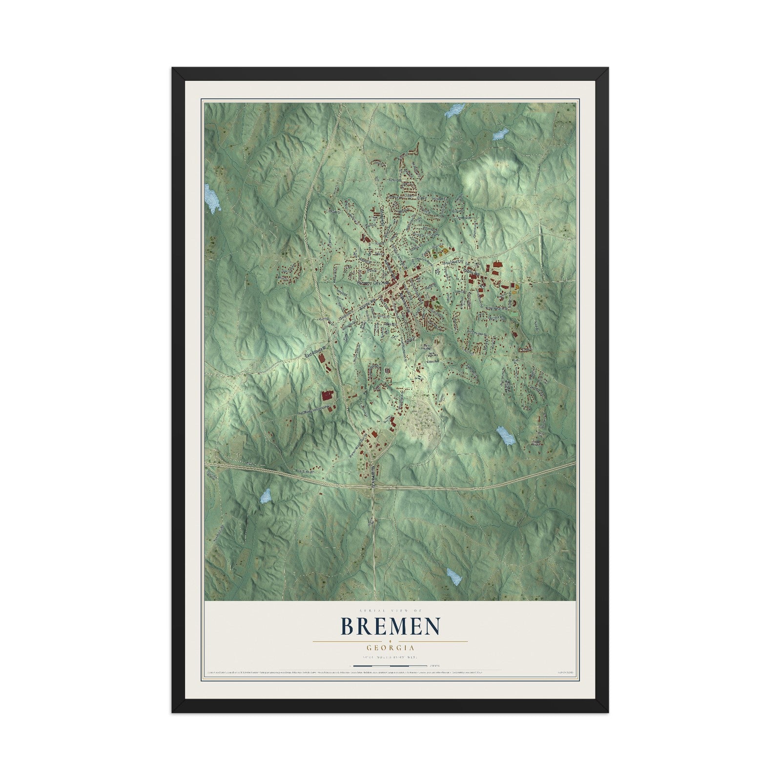 Bremen, Georgia map print, 12" x 18" W/ Black Ayous Wood Frame mockup