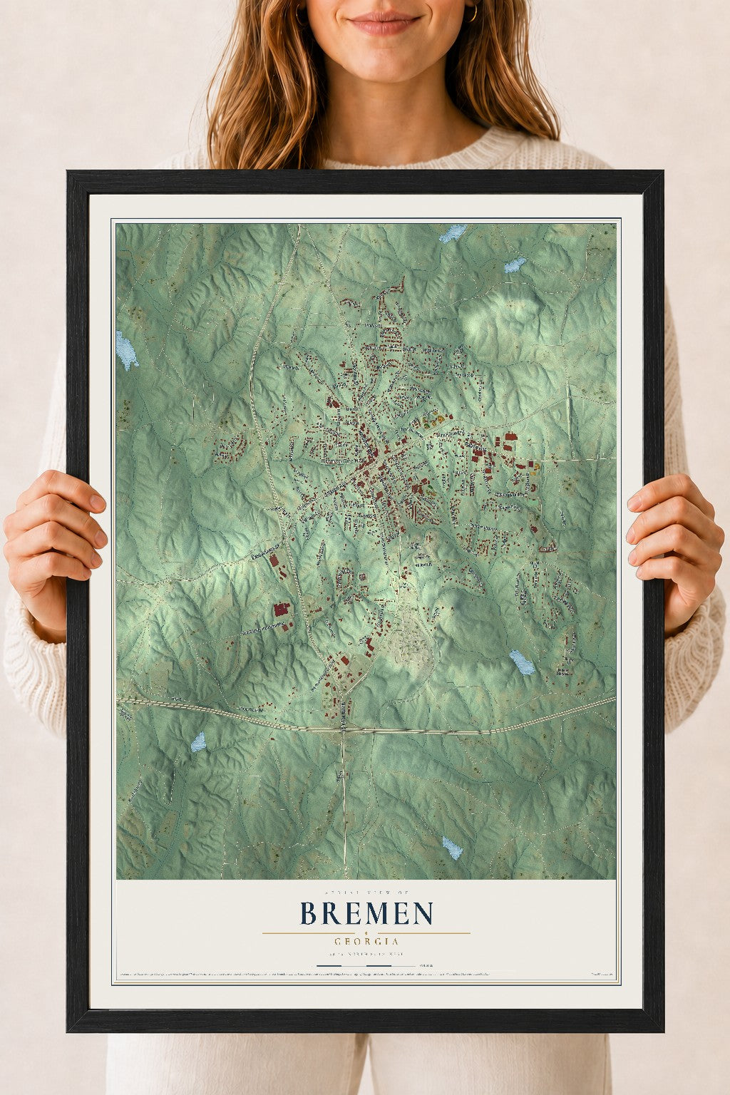 Bremen, Georgia map print, 18" x 24" W/ Black Ayous Wood Frame mockup