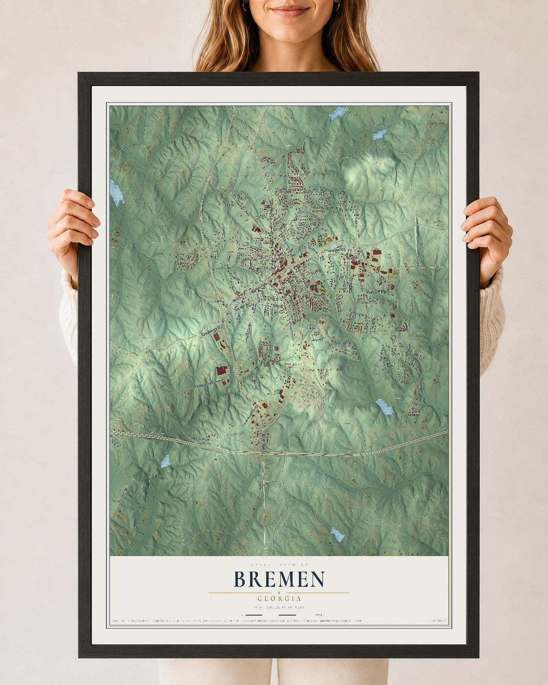 Bremen, Georgia map print, 24" x 36" W/ Black Ayous Wood Frame mockup