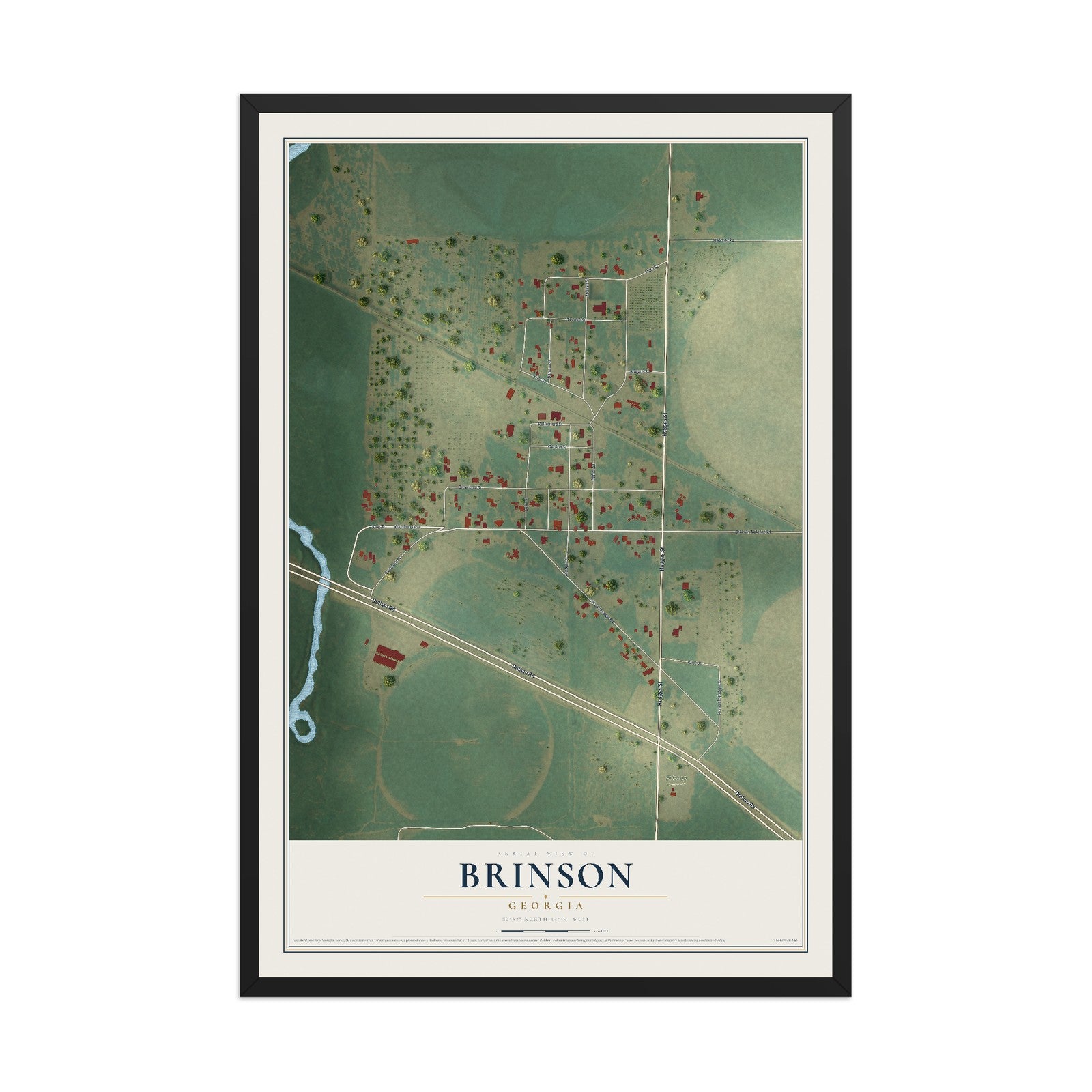 Brinson, Georgia map print, 12" x 18" W/ Black Ayous Wood Frame mockup