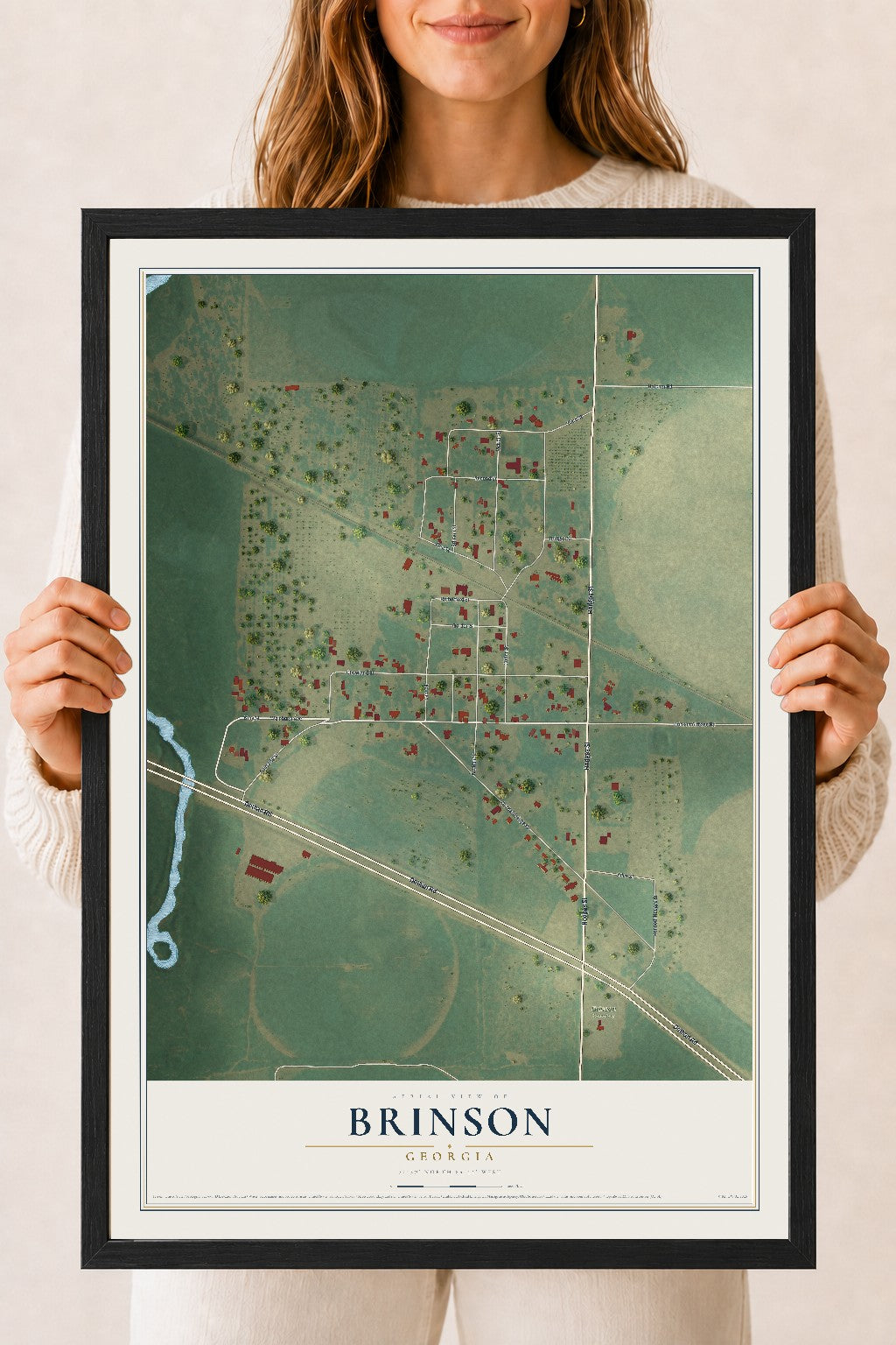 Brinson, Georgia map print, 18" x 24" W/ Black Ayous Wood Frame mockup