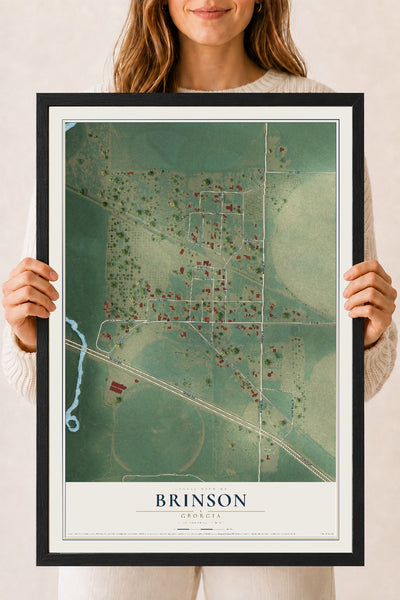 Brinson, Georgia map print, 18" x 24" W/ Black Ayous Wood Frame mockup