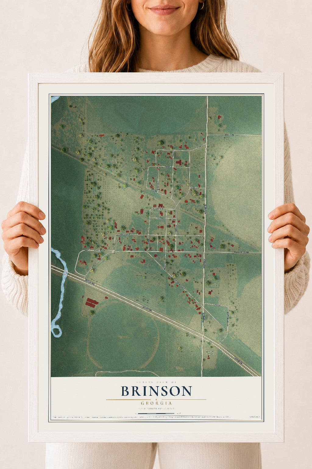 Brinson, Georgia map print, 18" x 24" W/ White Ayous Wood Frame mockup