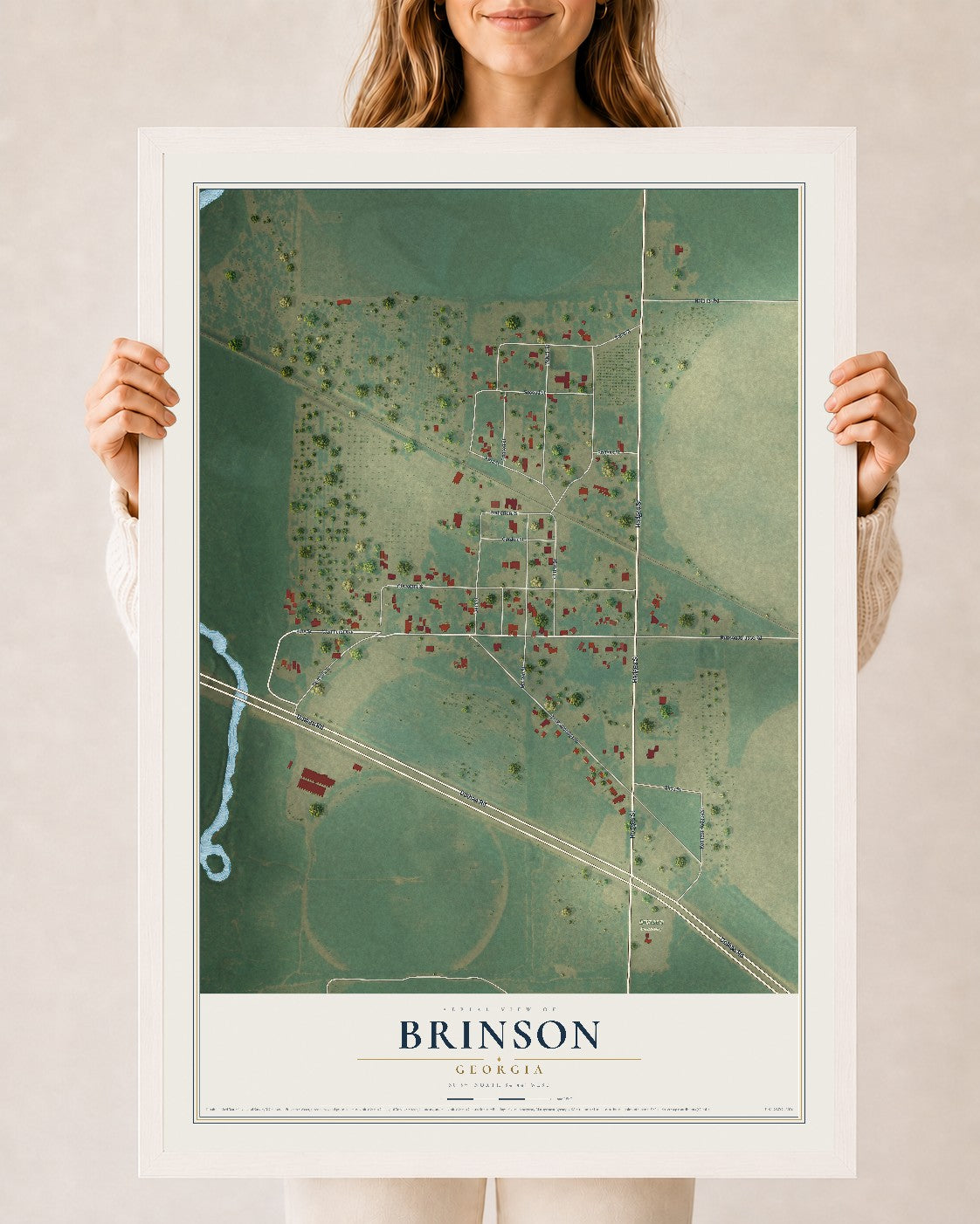 Brinson, Georgia map print, 24" x 36" W/ White Ayous Wood Frame mockup