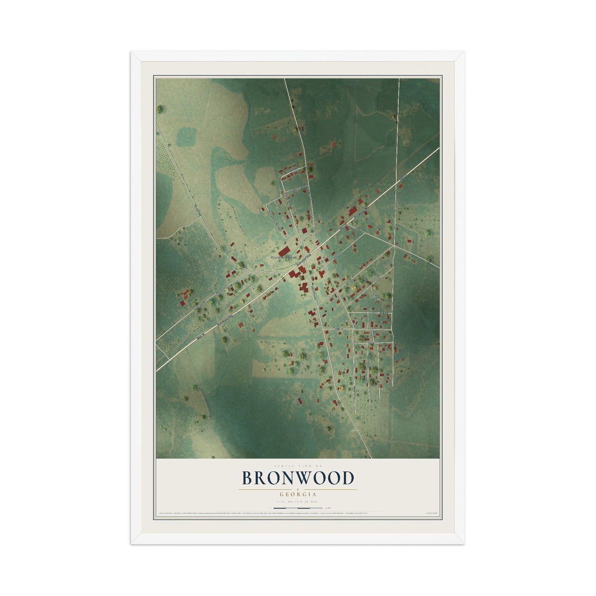 Bronwood, Georgia map print, 12" x 18" W/ White Ayous Wood Frame mockup