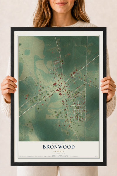 Bronwood, Georgia map print, 18" x 24" W/ Black Ayous Wood Frame mockup