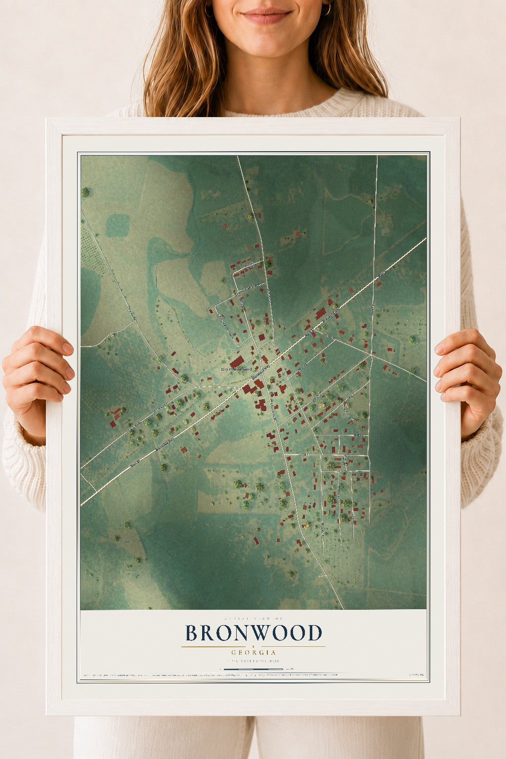 Bronwood, Georgia map print, 18" x 24" W/ White Ayous Wood Frame mockup