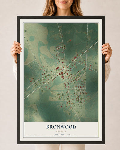 Bronwood, Georgia map print, 24" x 36" W/ Black Ayous Wood Frame mockup