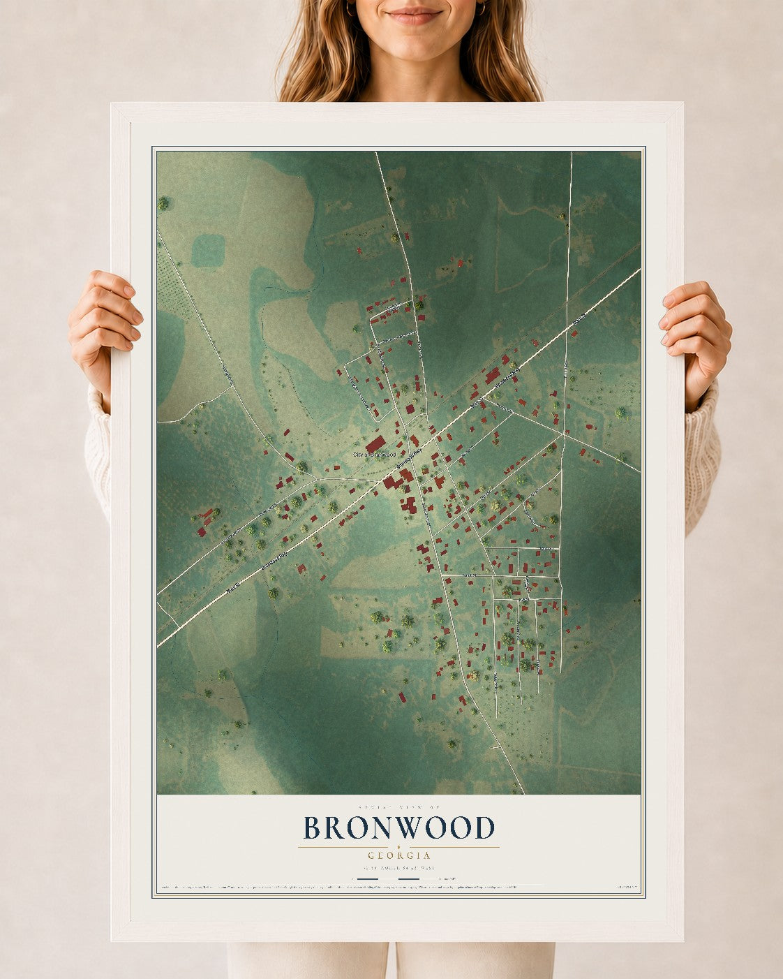 Bronwood, Georgia map print, 24" x 36" W/ White Ayous Wood Frame mockup