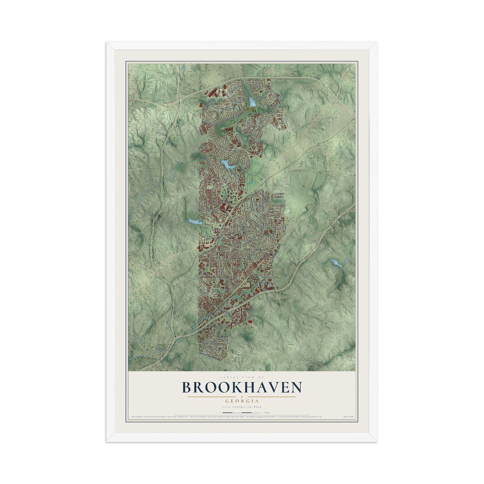 Brookhaven, Georgia map print, 12" x 18" W/ White Ayous Wood Frame mockup