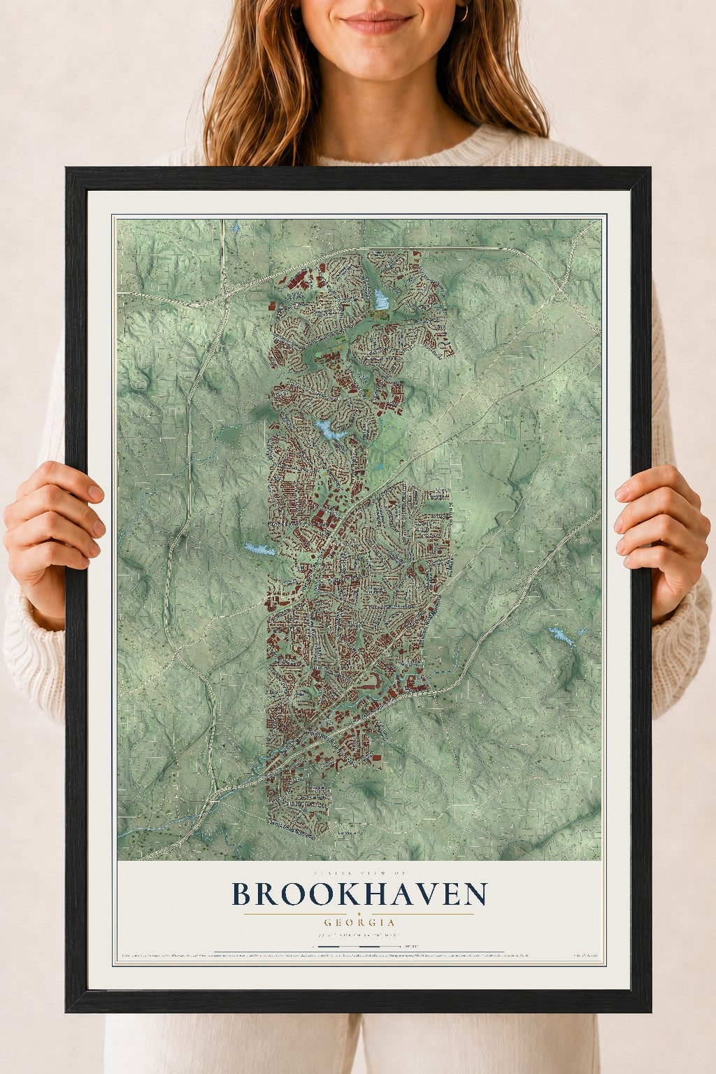 Brookhaven, Georgia map print, 18" x 24" W/ Black Ayous Wood Frame mockup
