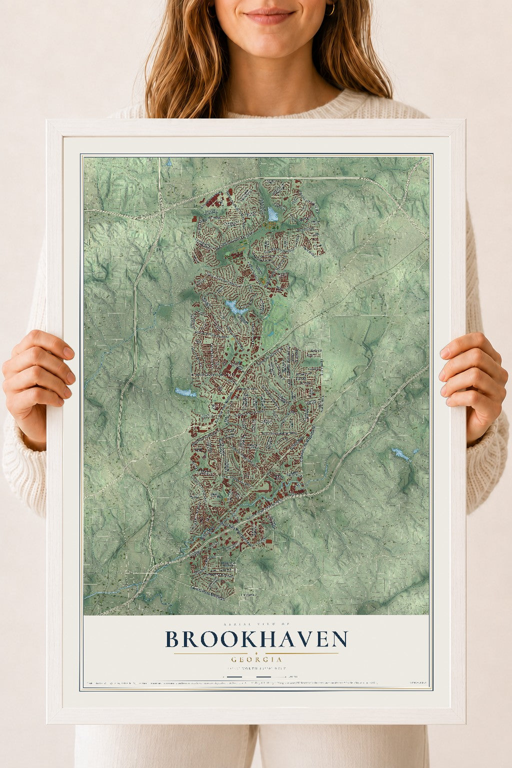 Brookhaven, Georgia map print, 18" x 24" W/ White Ayous Wood Frame mockup