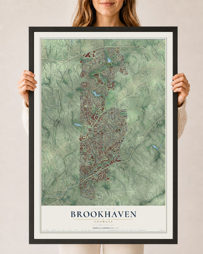 Brookhaven, Georgia map print, 24" x 36" W/ Black Ayous Wood Frame mockup