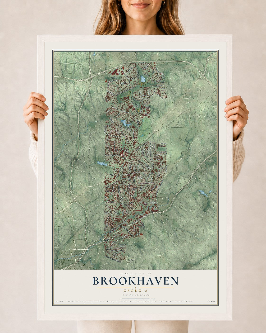 Brookhaven, Georgia map print, 24" x 36" W/ White Ayous Wood Frame mockup