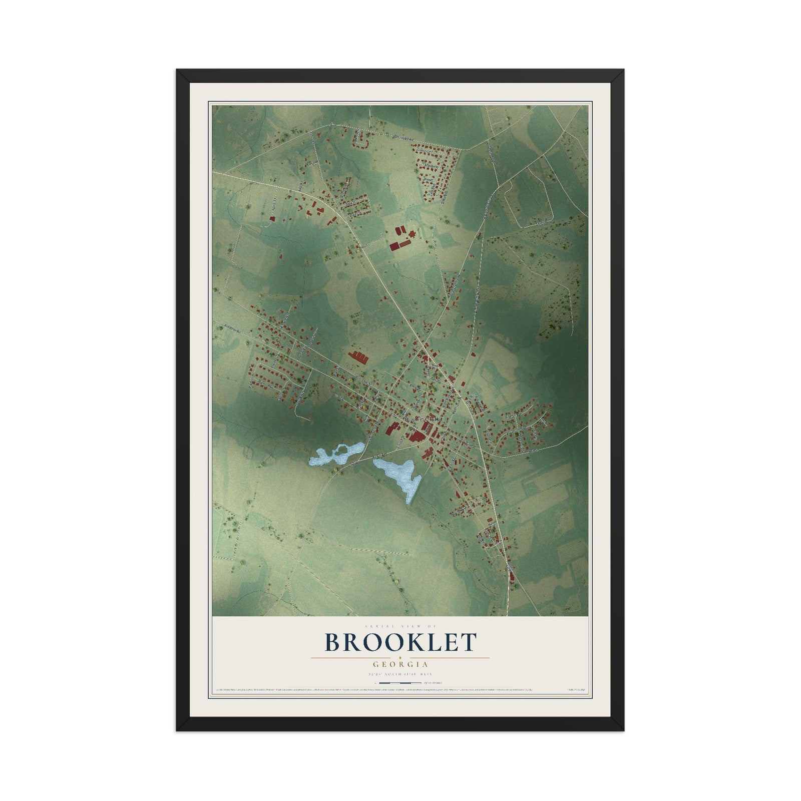 Brooklet, Georgia map print, 12" x 18" W/ Black Ayous Wood Frame mockup