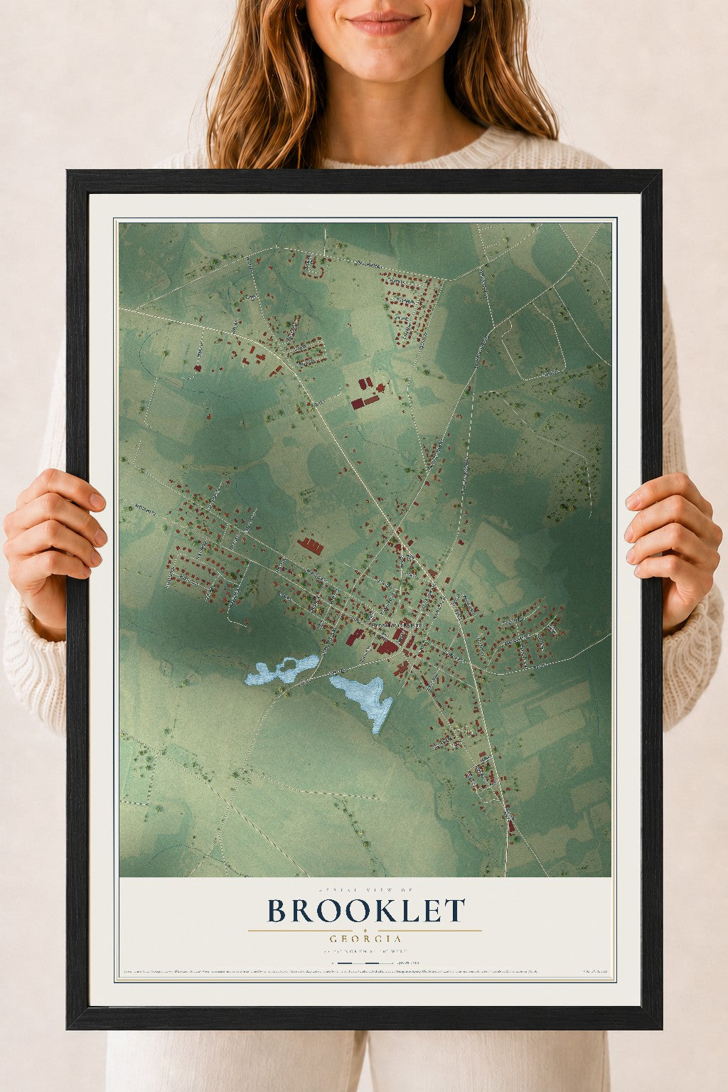 Brooklet, Georgia map print, 18" x 24" W/ Black Ayous Wood Frame mockup