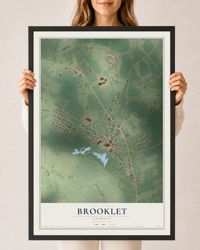 Brooklet, Georgia map print, 24" x 36" W/ Black Ayous Wood Frame mockup
