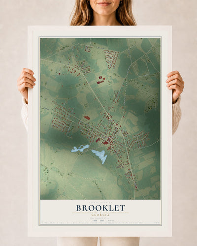 Brooklet, Georgia map print, 24" x 36" W/ White Ayous Wood Frame mockup
