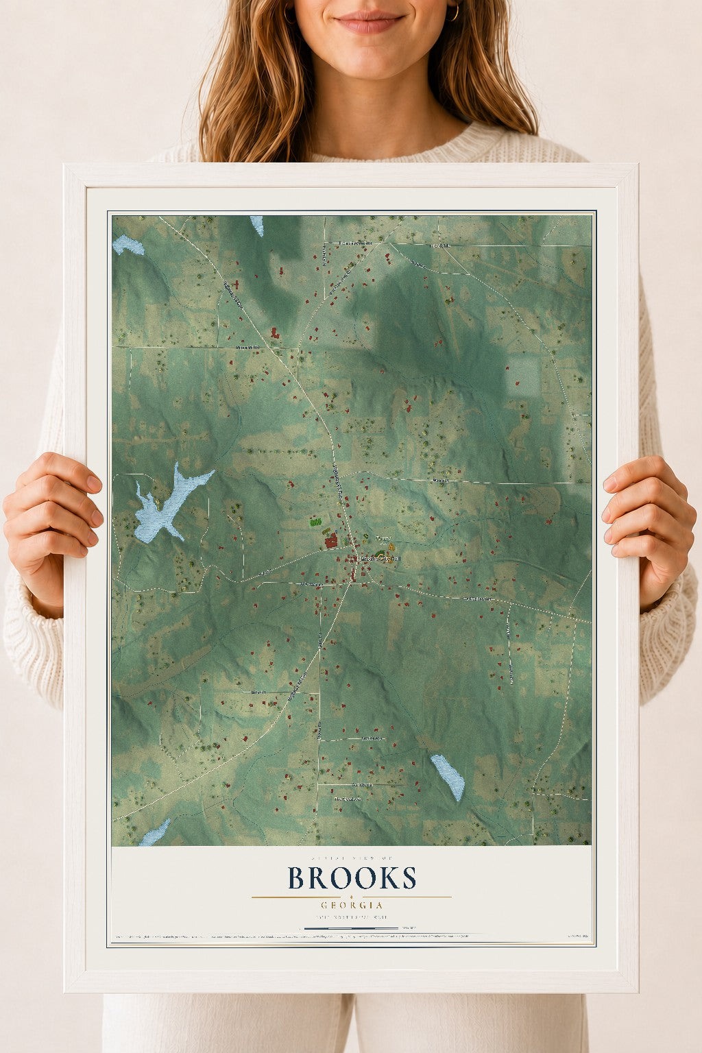 Brooks, Georgia map print, 18" x 24" W/ White Ayous Wood Frame mockup