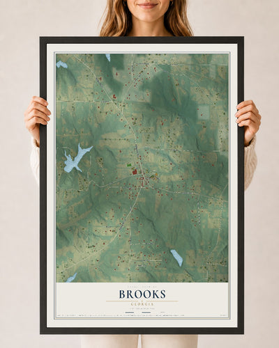 Brooks, Georgia map print, 24" x 36" W/ Black Ayous Wood Frame mockup
