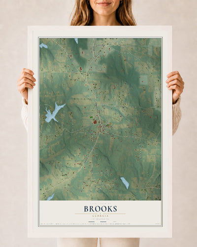 Brooks, Georgia map print, 24" x 36" W/ White Ayous Wood Frame mockup