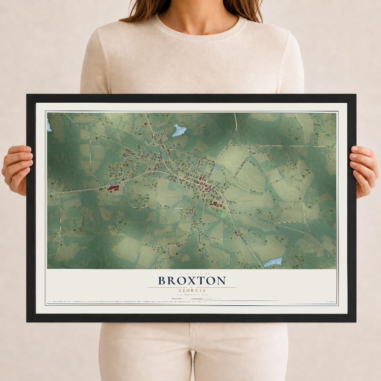 Broxton, Georgia map print, 12" x 18" W/ Black Ayous Wood Frame mockup