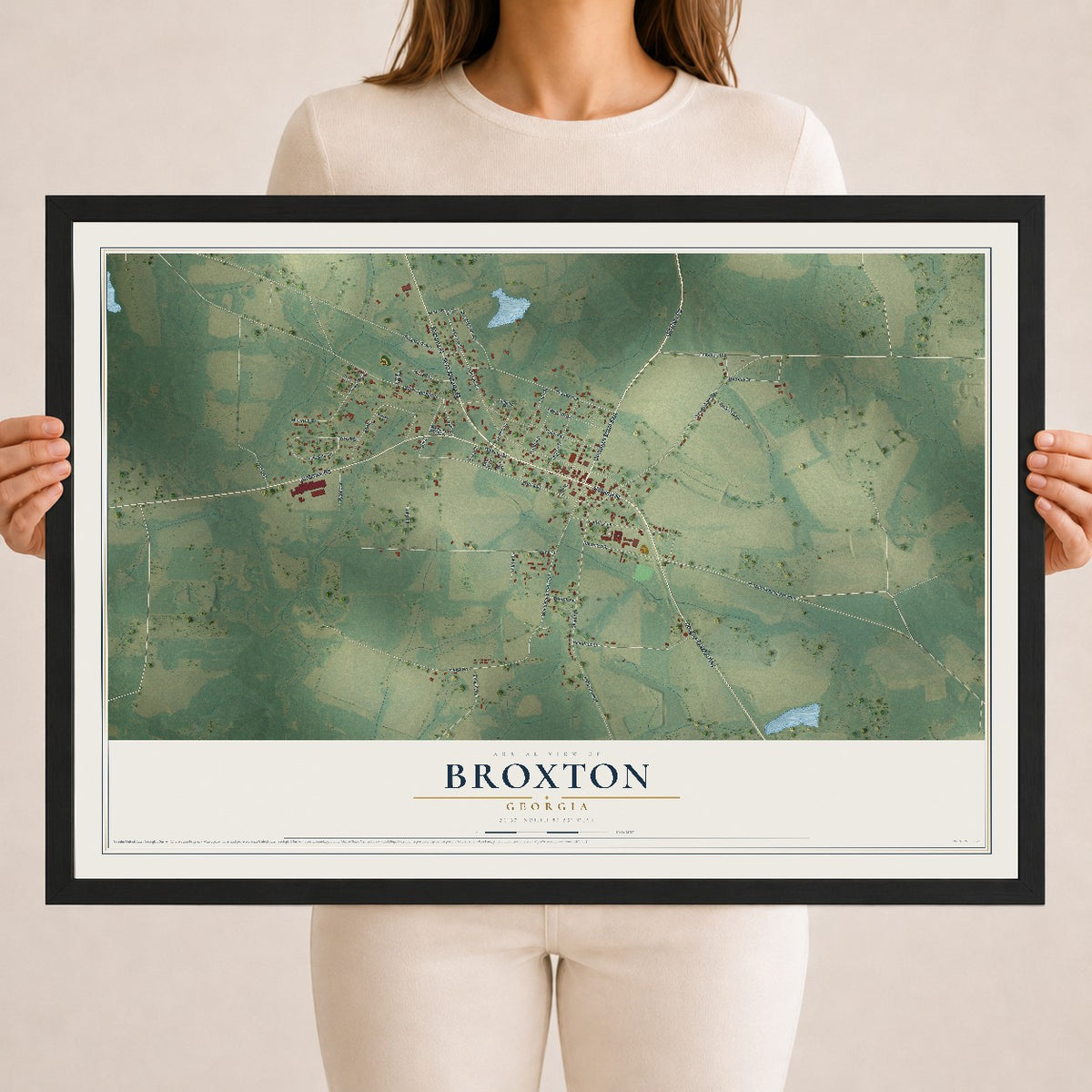 Broxton, Georgia map print, 18" x 24" W/ Black Ayous Wood Frame mockup